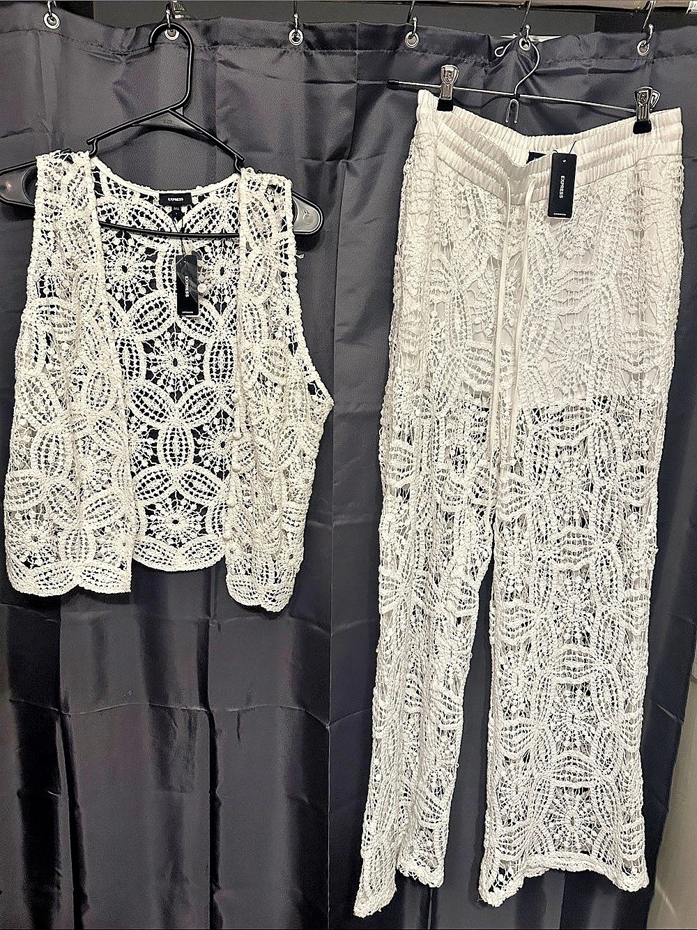 Express Lace Wide Leg Pants Set in White